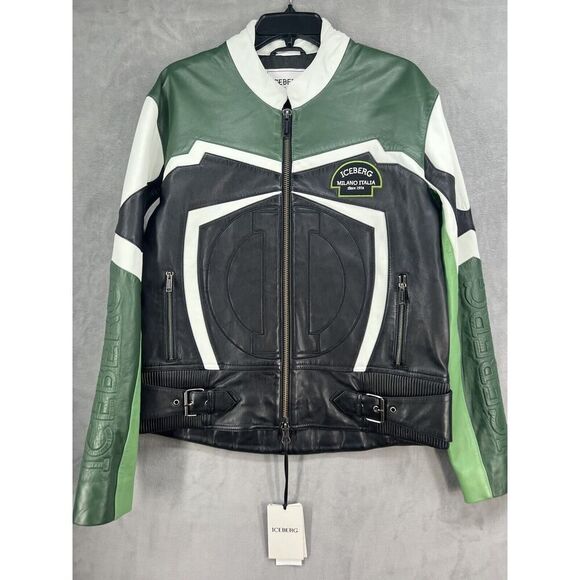 ICEBERG Leather Biker Jacket Size EU 44 Full Zip Men’s Jacket Green Black - Picture 4 of 16